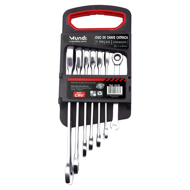 Jogo de Chave Combinada Catraca 7 Peças 8 a 19mm - Mundi Jogo de Chave Combinada Catraca 7 Peças 8 a 19mm - Mundi