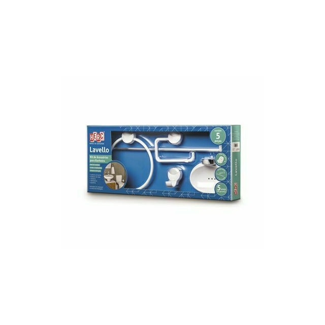 Kit de Acessórios para Banheiro Lavello Branco e Cromado com 5 Peças - Herc Kit de Acessórios para Banheiro Lavello Branco e Cromado com 5 Peças - Herc