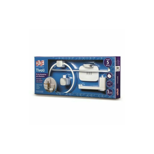 Kit de Acessórios para Banheiro Tivoli Branco e Cromado com 5 Peças - Herc Kit de Acessórios para Banheiro Tivoli Branco e Cromado com 5 Peças - Herc