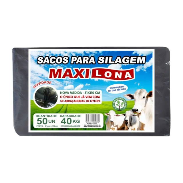 Saco Silagem Preto 51x100cm 200 Micras Capacidade 40Kg Pacote com 50 Unidades - Maxilona Saco Silagem Preto 51x100cm 200 Micras Capacidade 40Kg Pacote com 50 Unidades - Maxilona
